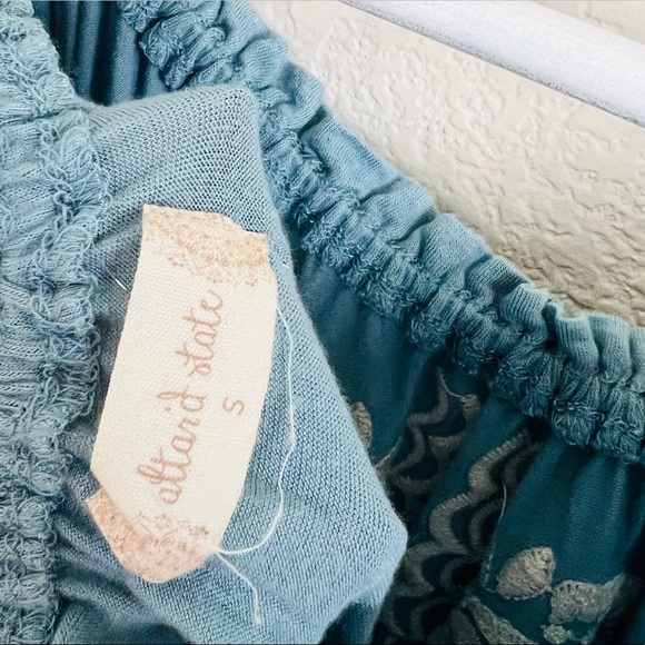 Altar’d State Blue Bardot Off Shoulder Cream Embroidered Bell Sleeve Blouse - Picture 7 of 15